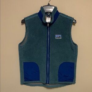 Patagonia Vintage Kids Two-Tone Blue Sherpa Deep Pile Box Logo Vest Large
